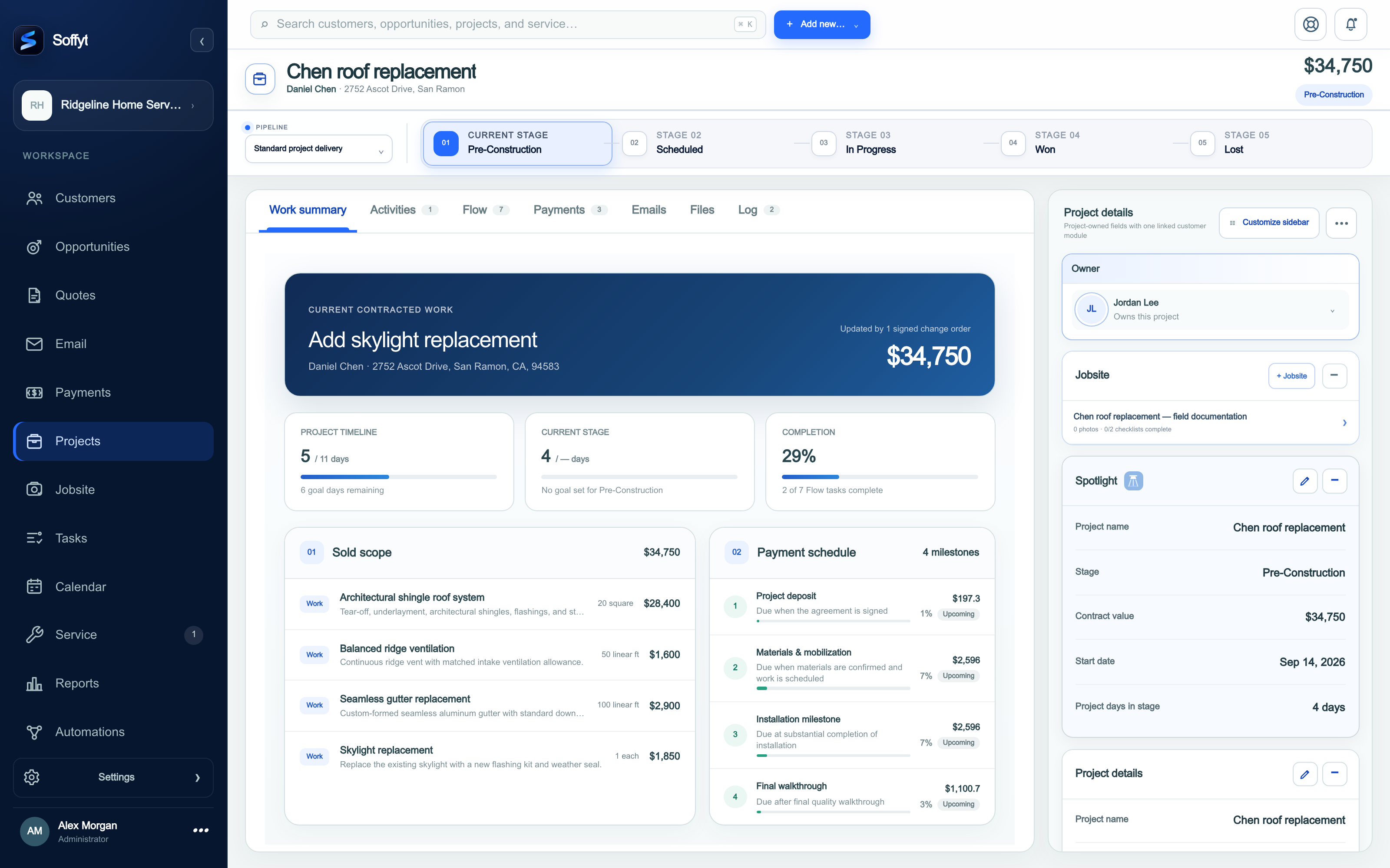 Soffyt project work summary showing the project stage, sold scope, payment schedule, and assigned owner