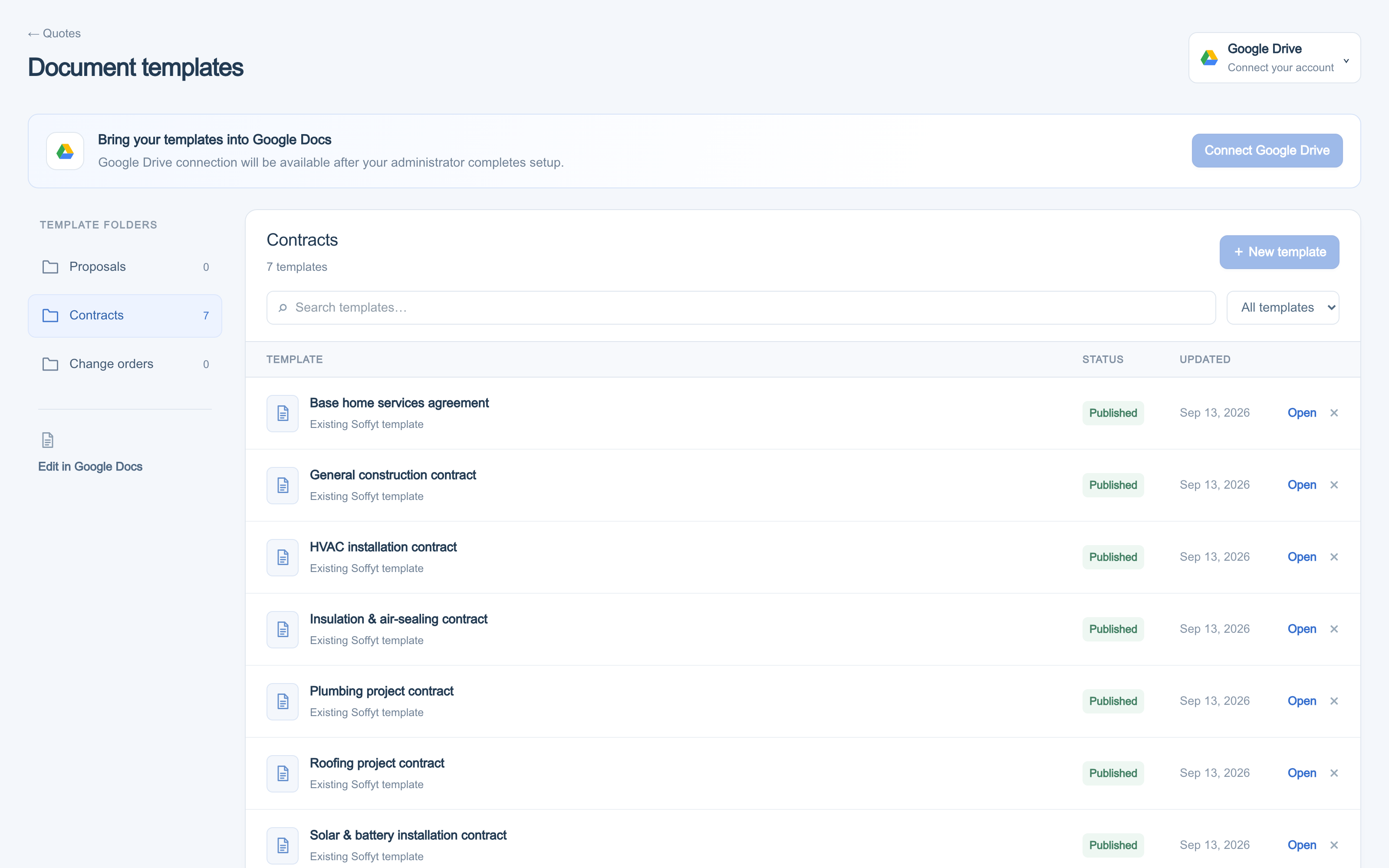 Soffyt template workspace for proposals, contracts, and change orders