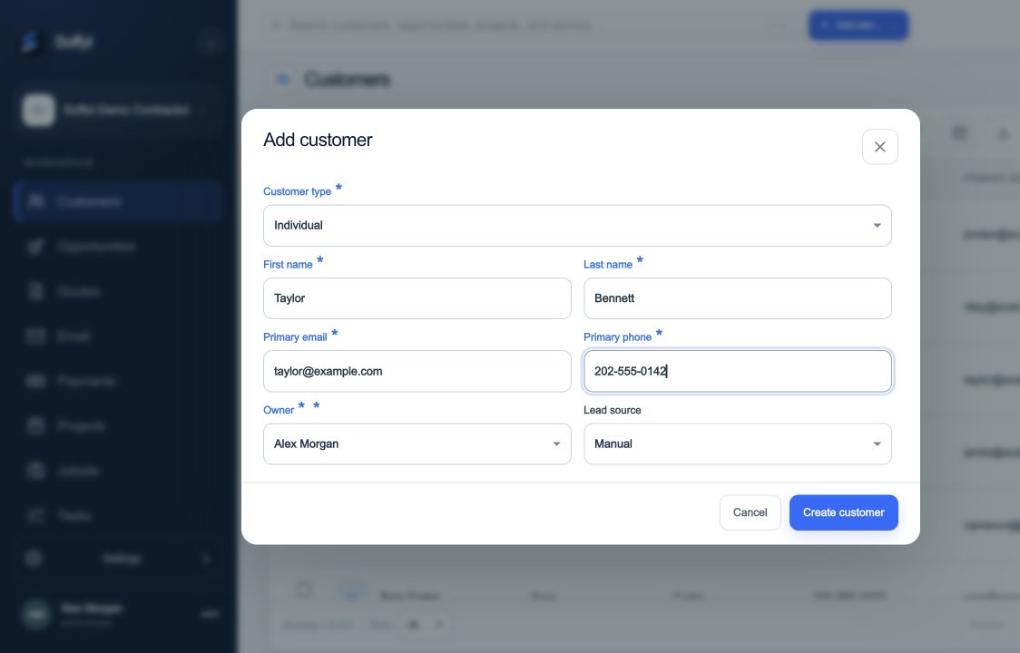 Review Owner and Lead source before choosing Create customer.