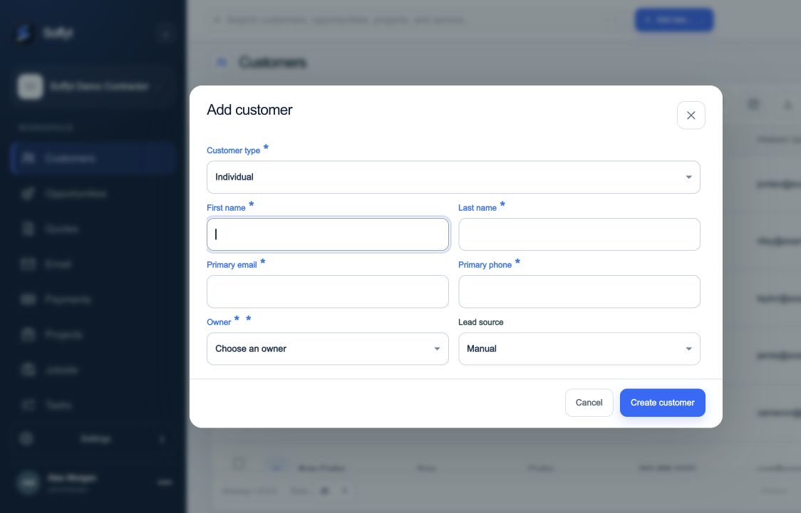 In Add customer, select Individual or the appropriate company customer type.