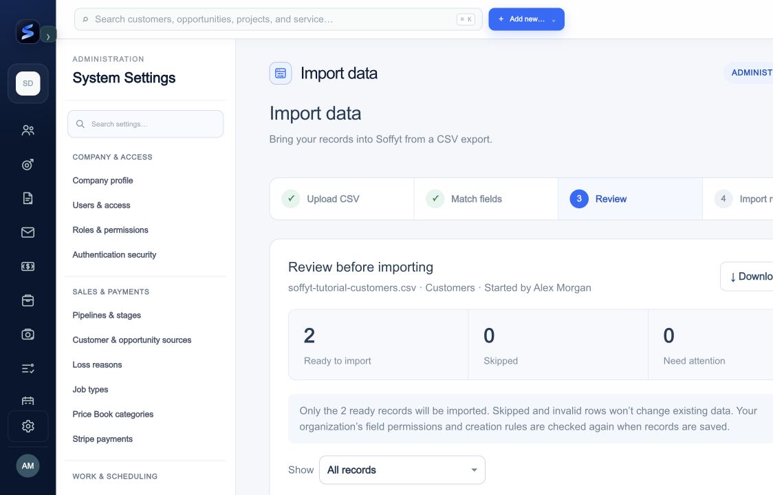 The review counters show which records are ready, skipped, or need attention. Review the rows below before importing.