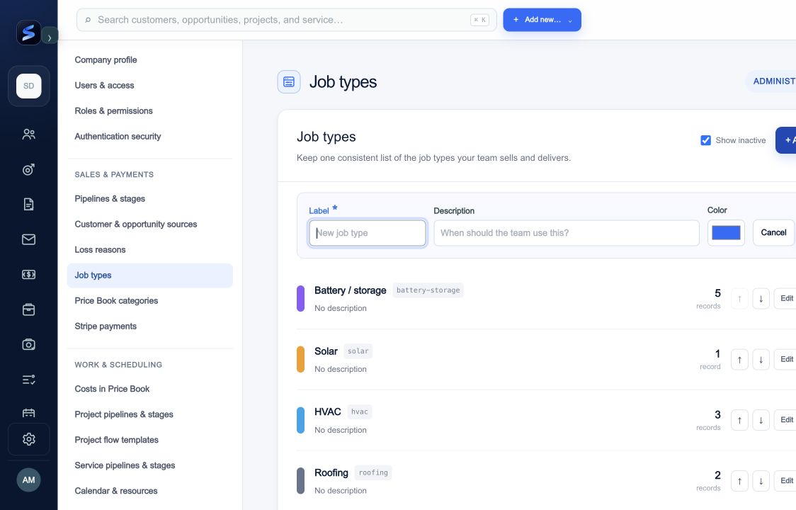 Use + Add job type, then enter its label, description, and color.