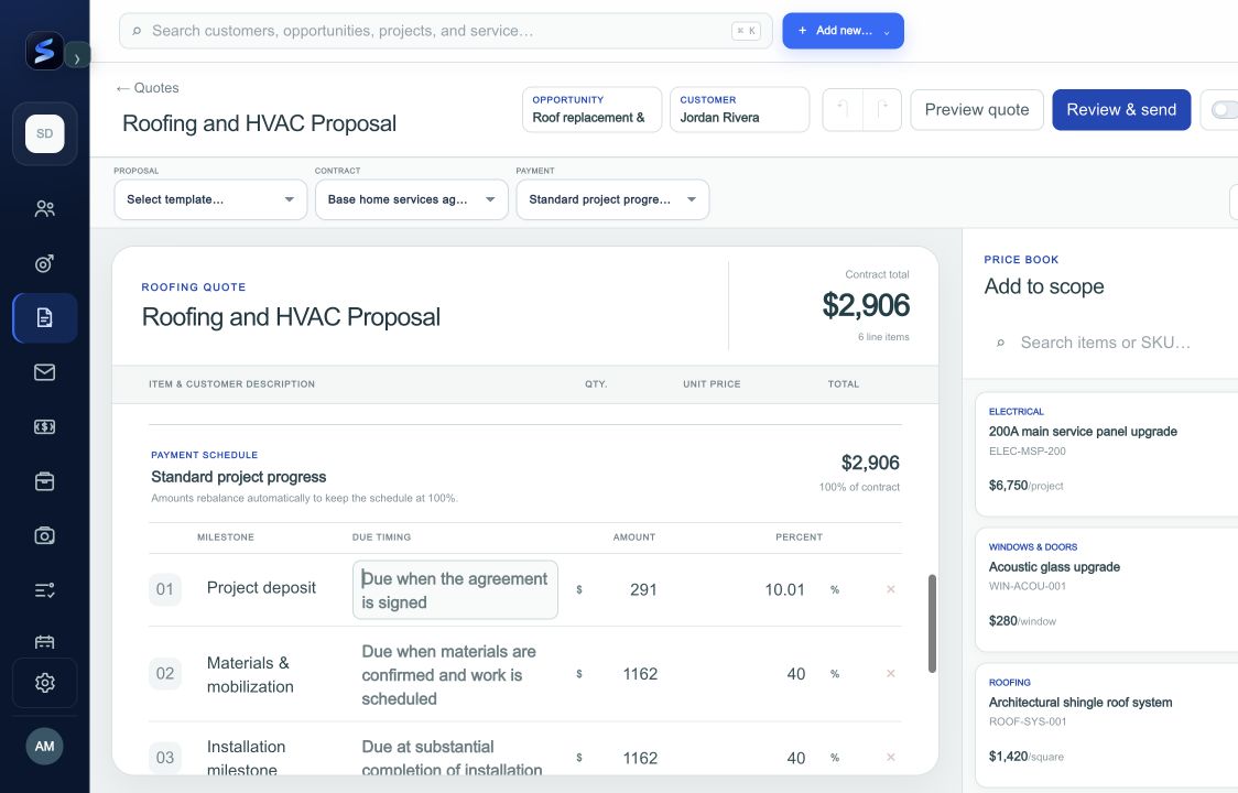 Review the payment milestone amounts and due timing in the quote builder.